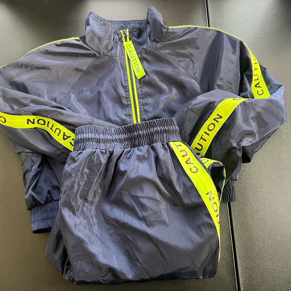 Fashion Nova Navy and Neon Yellow Track Pants & Joggers